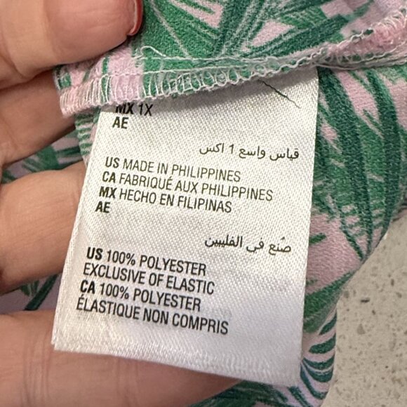 Maison Jules Womens Pink Green Palm Print Blouse 1X  3/4 Sleeves Smocked Details - Picture 5 of 7